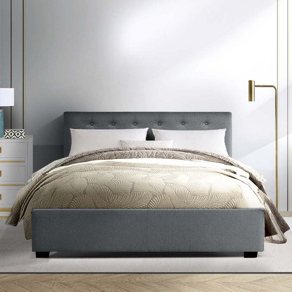 Artiss Vila Bed Frame Fabric Gas Lift Storage - Grey Double