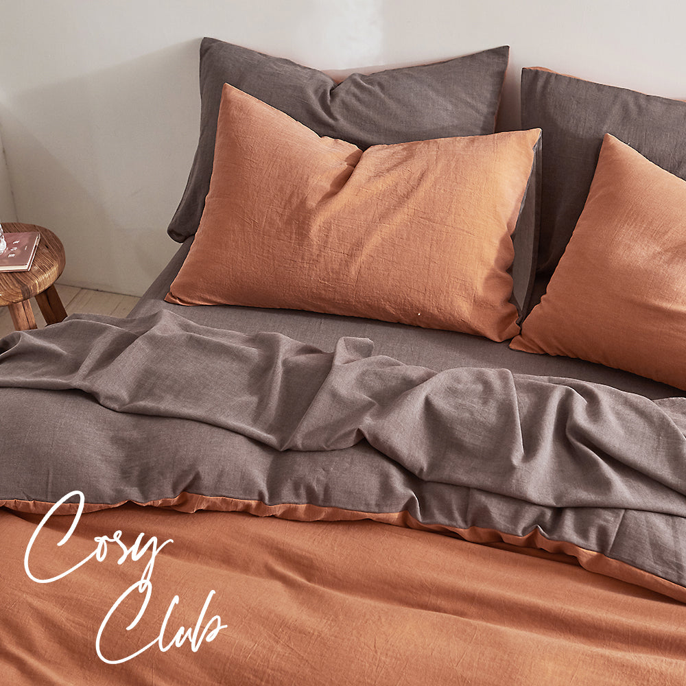 Cosy Club Quilt Cover Set Cotton Duvet Double Orange Brown