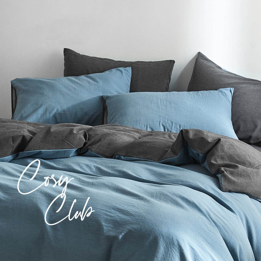 Cosy Club Quilt Cover Set Cotton Duvet Single Blue Dark Blue