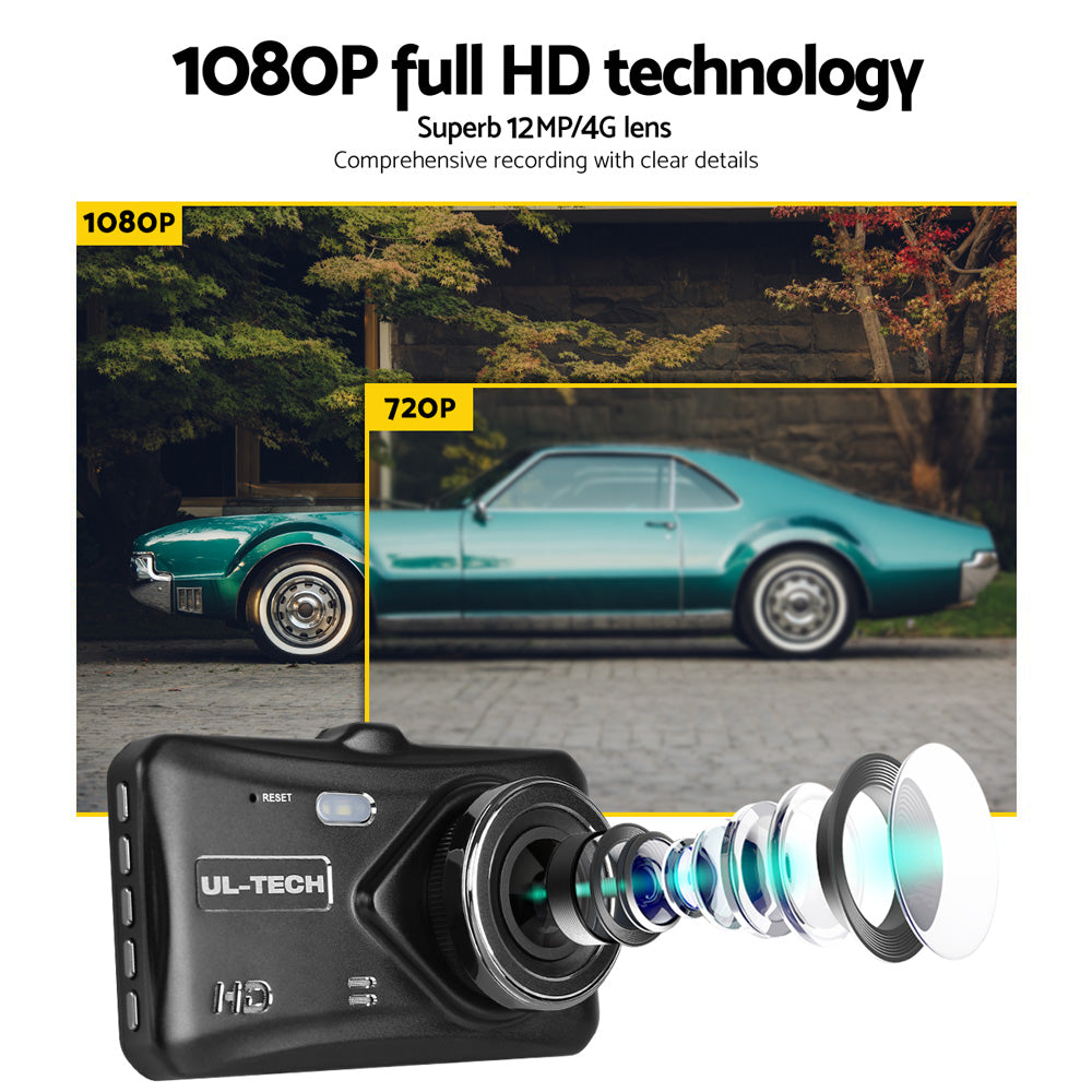 UL Tech 4 Inch Dual Camera Dash Camera - Black