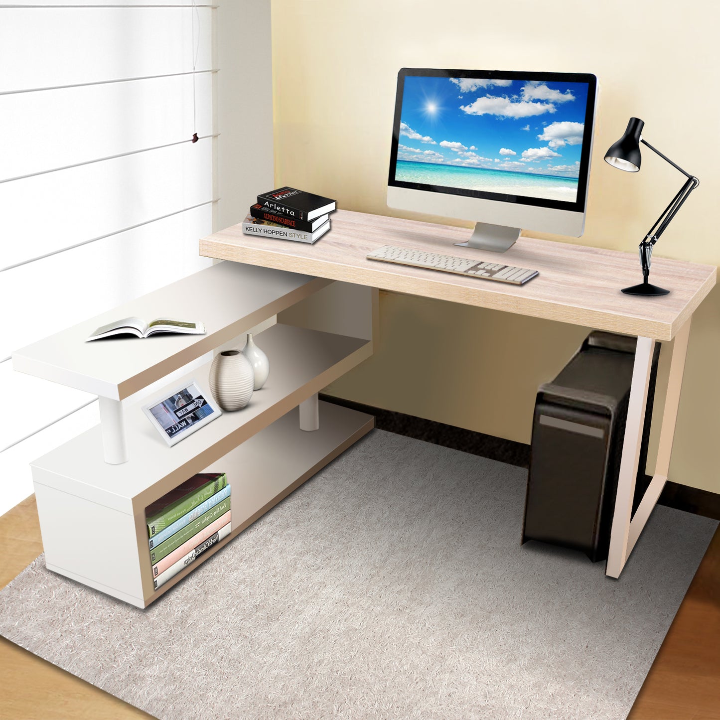 Artiss Rotary Corner Desk with Bookshelf - Brown & White