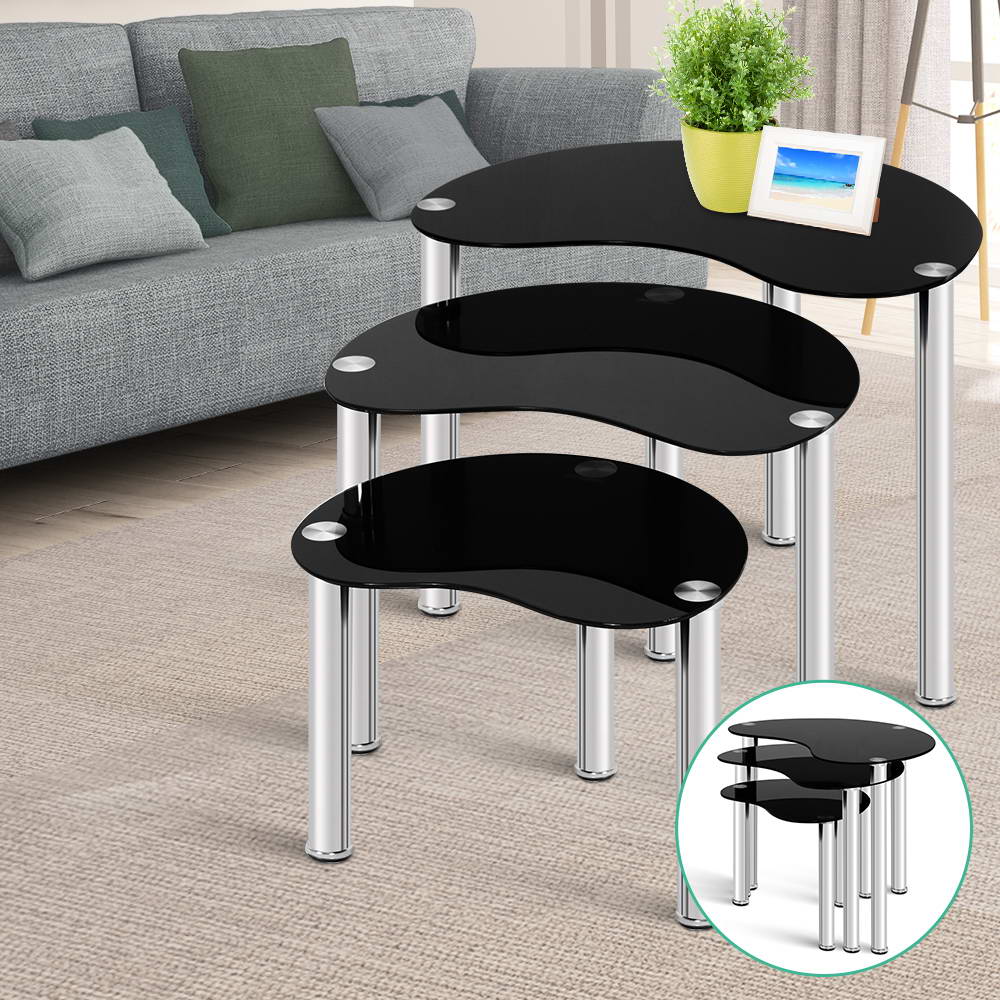 Artiss Set Of 3 Glass Coffee Tables - Black