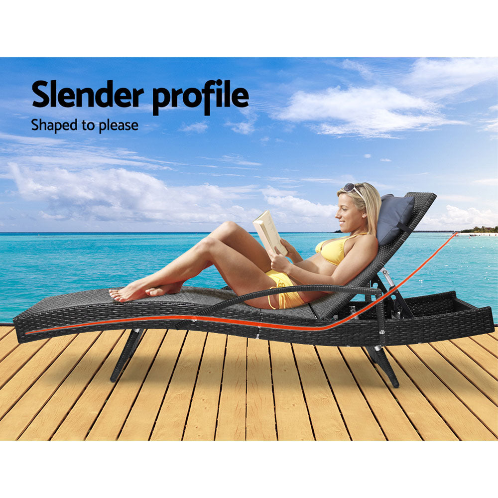 Gardeon Set of 2 Sun Lounge Outdoor Furniture Wicker Lounger Rattan Day Bed Garden Patio Black