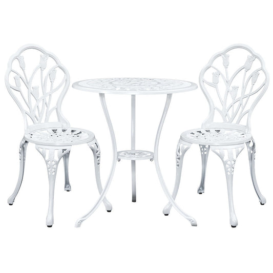 Gardeon 3PC Outdoor Setting Cast Aluminium Bistro Table Chair Patio White