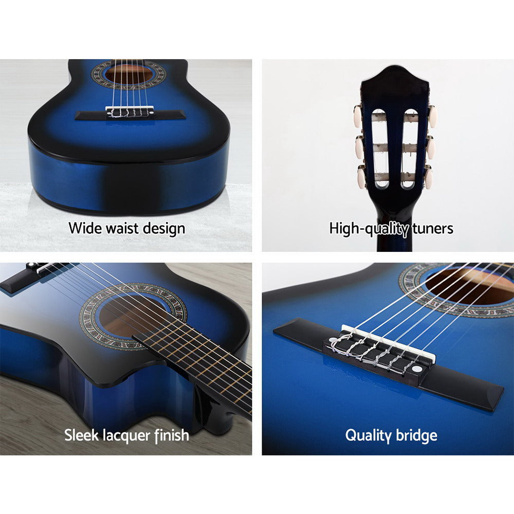 Alpha 34" Inch Guitar Classical Acoustic Cutaway Wooden Ideal Kids Gift Children 1/2 Size Blue