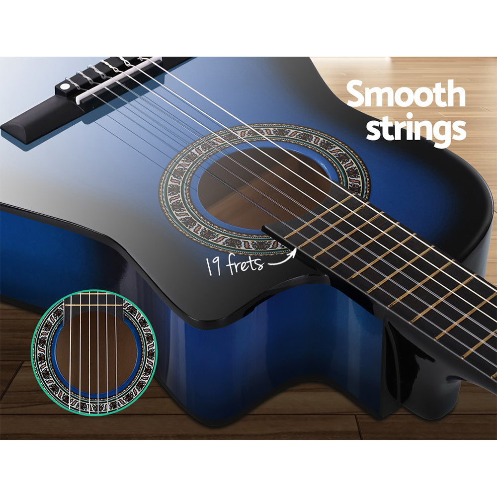 Alpha 34" Inch Guitar Classical Acoustic Cutaway Wooden Ideal Kids Gift Children 1/2 Size Blue with Capo Tuner