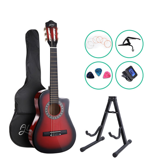 Alpha 34" Inch Guitar Classical Acoustic Cutaway Wooden Ideal Kids Gift Children 1/2 Size Red with Capo Tuner