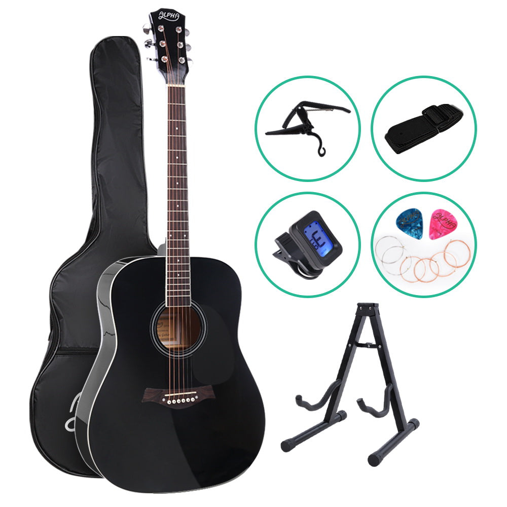 ALPHA 41 Inch Wooden Acoustic Guitar with Accessories set Black