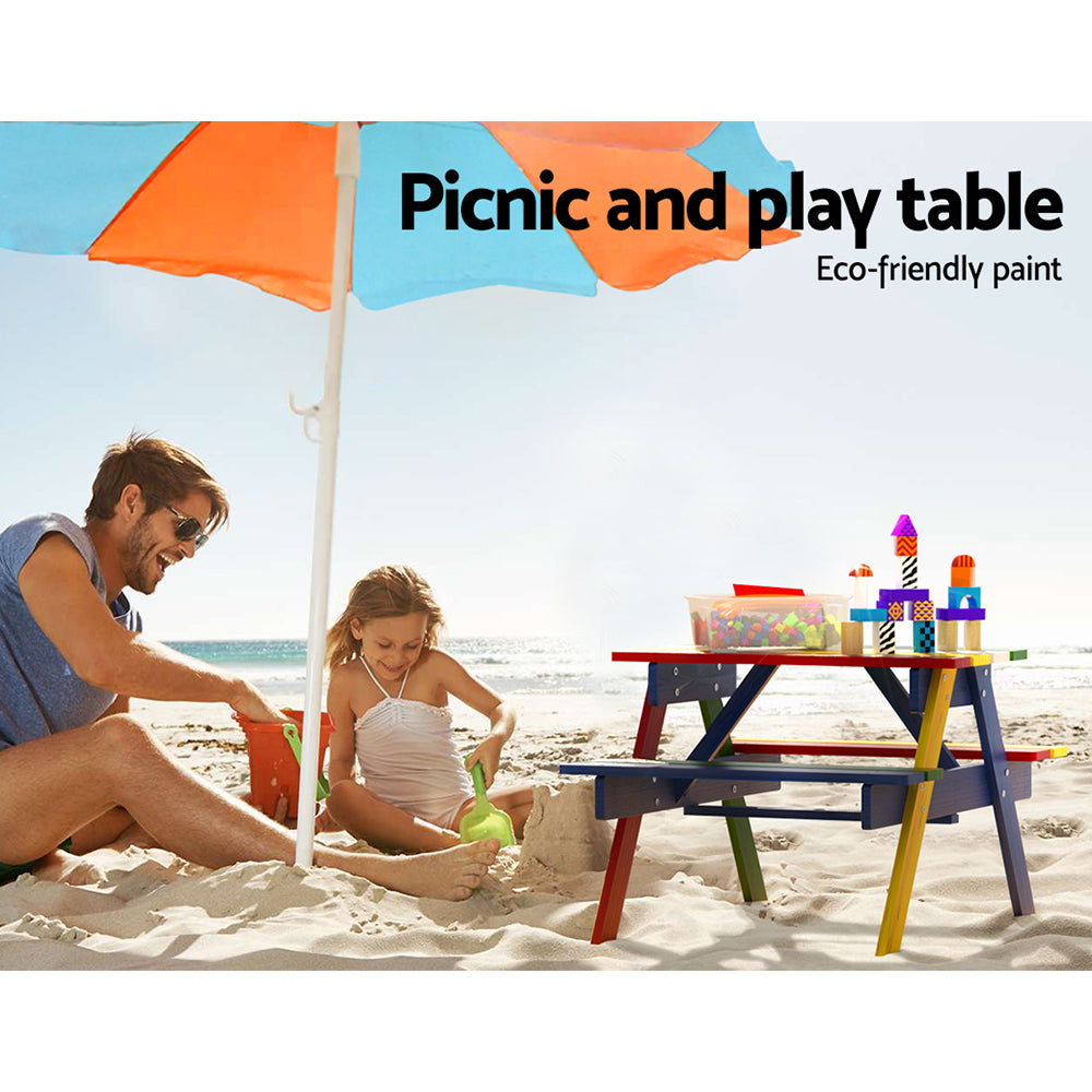 Keezi Kids Outdoor Table and Chairs Picnic Bench Seat Umbrella Colourful Wooden