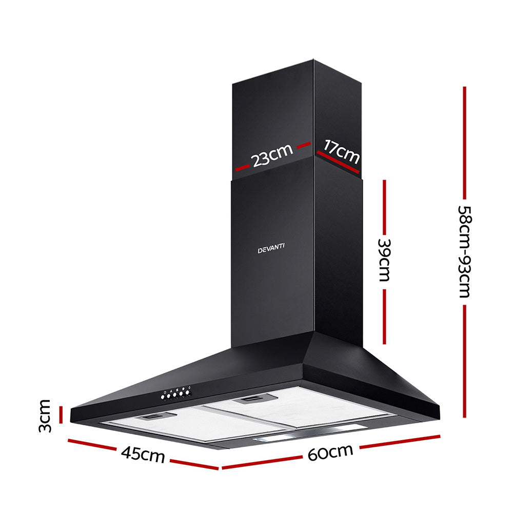 Devanti Pyramid Range Hood Rangehood 600mm 60cm Kitchen Canopy Black