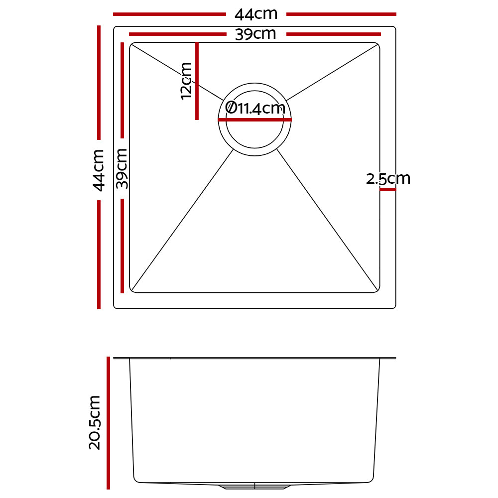 Cefito 44cm x 44cm Stainless Steel Kitchen Sink Under/Top/Flush Mount Silver