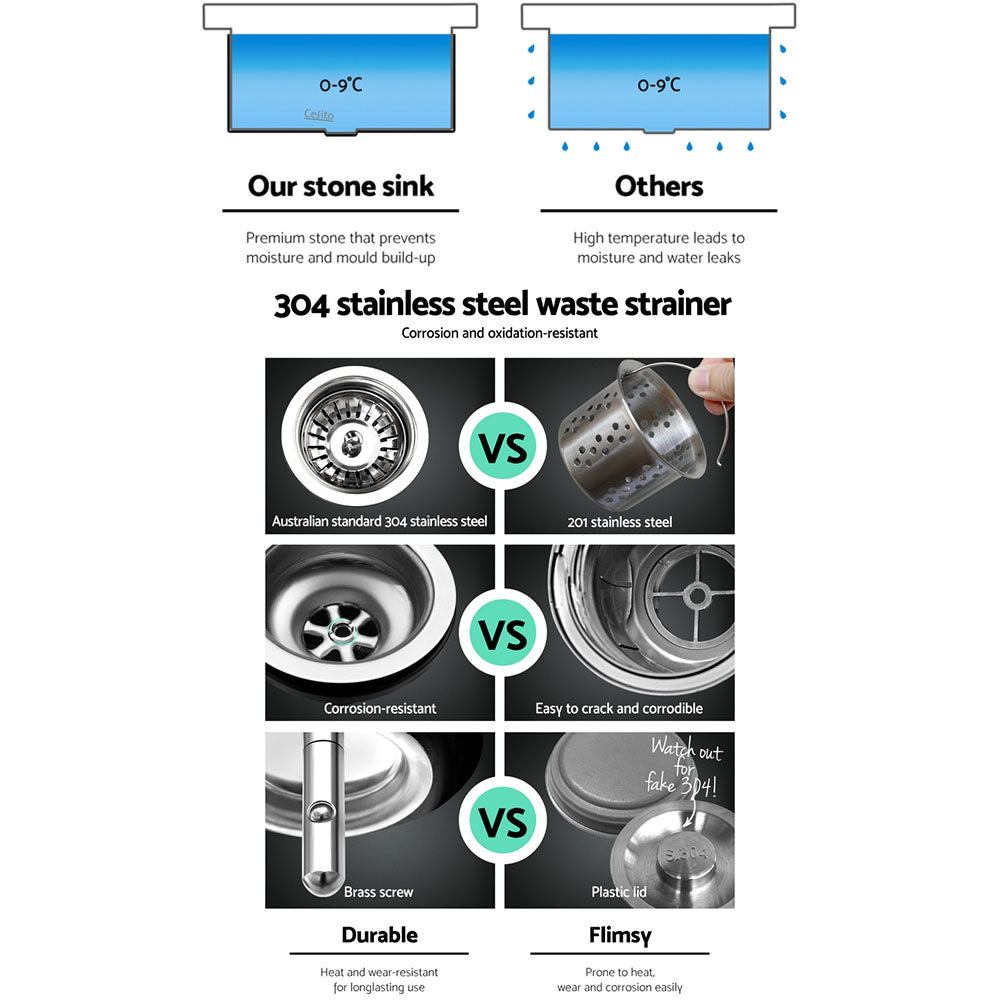 Cefito Kitchen Sink Granite Stone Laudry Single Bowl Top or Undermount 1000x500mm