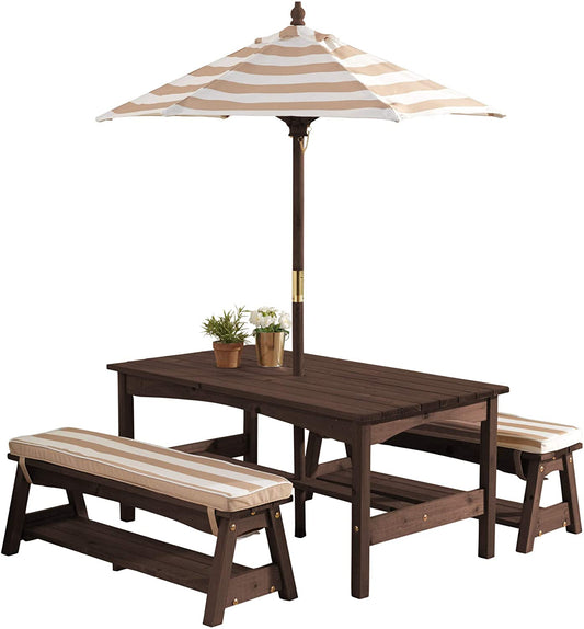 Outdoor Table & Bench Set with Cushions & Umbrella (Brown)