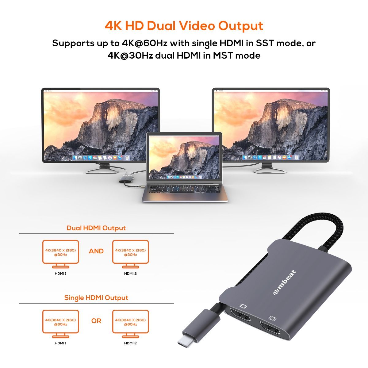 mbeat Tough Link USB-C to Dual 4K HDMI Adapter - Space Grey