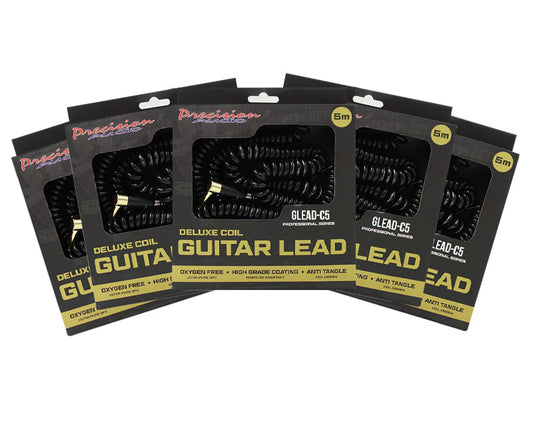 Precision Audio 5 Pack 1/4" To 1/4" 6.35mm Deluxe Coil Studio Guitar Lead Straight to Straight GLEADC5 5m